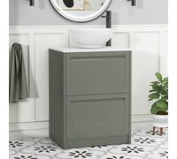 Royal Bathrooms Royal Bathroom Elmore 600mm Matt Green Freestanding Bathroom Vanity Unit 2 Drawer Plain White Worktop With Breeze Basin