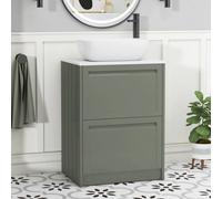 Royal Bathrooms Royal Bathroom Elmore 600mm Matt Green Freestanding Bathroom Vanity Unit 2 Drawer Plain White Worktop With Elva Basin