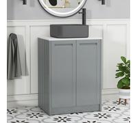 Royal Bathrooms Royal Bathroom Elmore 600mm Matte Pebble Grey Freestanding Bathroom Vanity Unit 2 Door Plain White Worktop With Art Square Basin