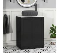 Royal Bathrooms Royal Bathroom Elmore 600mm Nocturne Black Freestanding Bathroom Vanity Unit 2 Door Plain White Worktop With Milan Black Basin