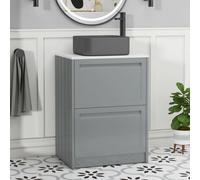 Royal Bathrooms Royal Bathroom Elmore 600mm Pebble Grey Freestanding Bathroom Vanity Unit 2 Drawer Plain White Worktop With Art Square Basin