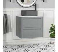 Royal Bathrooms Royal Bathroom Elmore 600mm Pebble Grey Wall Mounted Bathroom Vanity Unit 2 Drawer Plain White Worktop With Art Square Basin