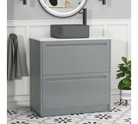 Royal Bathrooms Royal Bathroom Elmore 800mm Pebble Grey Freestanding Bathroom Vanity Unit 2 Drawer Plain White Worktop With Art Square Basin