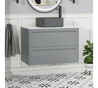 Royal Bathrooms Royal Bathroom Elmore 800mm Pebble Grey Wall Mounted Bathroom Vanity Unit 2 Drawer Plain White Worktop With Art Square Basin