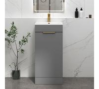 Royal Bathrooms Royal Bathroom Turin 400mm Floor Standing Cloakroom Vanity Unit Ceramic Basin 1 Door Indigo Grey Gloss With Brushed Brass Handle