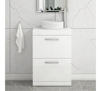 Royal Bathrooms Turin 500mm Freestanding Bathroom Vanity Unit With Sink 2 Drawer Gloss White & Round Countertop Basin