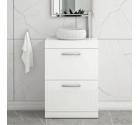 Royal Bathrooms Turin 600mm Freestanding Bathroom Vanity Unit With Sink 2 Drawer Gloss White & Milan Countertop Basin