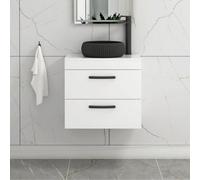 Royal Bathrooms Turin 600mm Wall Mounted Bathroom Vanity Unit With Sink 2 Drawer Gloss White & Milan Black Countertop Basin