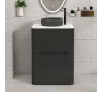 Royal Bathrooms Venice 600mm Matt Nocturne Black Freestanding Bathroom Countertop Vanity Unit 2 Drawer With Milan Black Basin