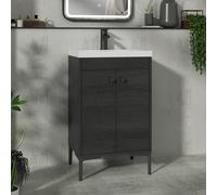 Royal Bathrooms Verona 500mm Black Woodgrain Floor Standing Bathroom Vanity Unit 2 Door With Mid-Edge Basin & Matt Black Knob