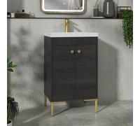 Royal Bathrooms Verona 500mm Black Woodgrain Floor Standing Bathroom Vanity Unit 2 Door With Mid-Edge Basin & Brushed Brass Knob