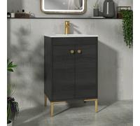 Royal Bathrooms Verona 500mm Black Woodgrain Floor Standing Bathroom Vanity Unit 2 Door With Minimalist Basin & Brushed Brass Knob