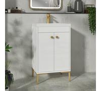Royal Bathrooms Verona 500mm Gloss White Floor Standing Bathroom Vanity Unit 2 Door With Mid-Edge Basin & Brushed Brass Knob