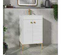 Royal Bathrooms Verona 500mm Gloss White Floor Standing Bathroom Vanity Unit 2 Door With Minimalist Basin & Brushed Brass Knob