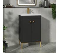 Royal Bathrooms Verona 500mm Matt Black Floor Standing Bathroom Vanity Unit 2 Door With Mid-Edge Basin & Brushed Brass Knob