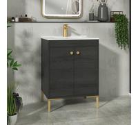 Royal Bathrooms Verona 600mm Black Woodgrain Floor Standing Vanity Unit 2 Door With Ceramic Basin & Brushed Brass Knob