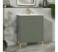 Royal Bathrooms Verona 600mm Matt Green Floor Standing Vanity Unit 2 Door With Ceramic Basin & Brushed Brass Knob