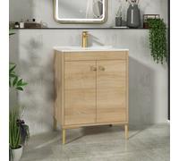 Royal Bathrooms Verona 600mm Natural Oak Floor Standing Vanity Unit 2 Door With Ceramic Basin & Brushed Brass Knob