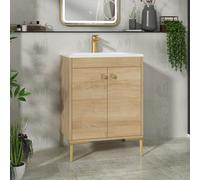 Royal Bathrooms Verona 600mm Natural Oak Floor Standing Vanity Unit 2 Door With Stone Basin & Brushed Brass Knob