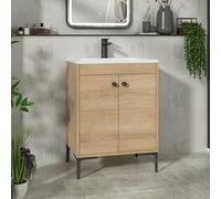 Royal Bathrooms Verona 600mm Natural Oak Floor Standing Vanity Unit 2 Door With Stone Basin & Matt Black Knob
