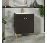 Royal Bathrooms Verona 600mm Walnut Woodgrain Floor Standing Vanity Unit 2 Door With Carrara White Basin & Brushed Brass Knob