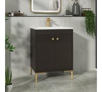 Royal Bathrooms Verona 600mm Walnut Woodgrain Floor Standing Vanity Unit 2 Door With Stone Basin & Brushed Brass Knob