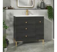 Royal Bathrooms Verona 800mm Black Woodgrain Floor Standing Vanity Unit 3 Drawer Side Pull Out Storage Ceramic Basin - Brass Knob