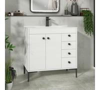 Royal Bathrooms Verona 800mm Gloss White Floor Standing Bathroom Vanity Unit 2 Door, 4 Drawer Cabinet With Ceramic Basin & Matt Black Knob