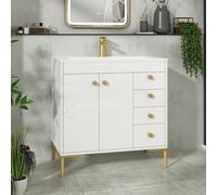 Royal Bathrooms Verona 800mm Gloss White Floor Standing Bathroom Vanity Unit 2 Door, 4 Drawer Cabinet With Stone Basin & Brushed Brass Knob