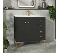 Royal Bathrooms Verona 800mm Matt Black Floor Standing Bathroom Vanity Unit 2 Door, 4 Drawer Cabinet With Ceramic Basin & Brushed Brass Knob