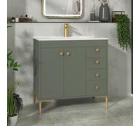 Royal Bathrooms Verona 800mm Matt Green Floor Standing Bathroom Vanity Unit 2 Door, 4 Drawer Cabinet With Ceramic Basin & Brushed Brass Knob
