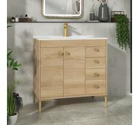 Royal Bathrooms Verona 800mm Natural Oak Floor Standing Bathroom Vanity Unit 2 Door, 4 Drawer Cabinet With Ceramic Basin & Brushed Brass Knob
