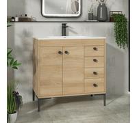 Royal Bathrooms Verona 800mm Natural Oak Floor Standing Bathroom Vanity Unit 2 Door, 4 Drawer Cabinet With Carrara White Basin & Matt Black Knob