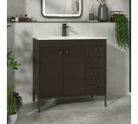 Royal Bathrooms Verona 800mm Walnut Woodgrain Floor Standing Bathroom Vanity Unit 2 Door, 4 Drawer Cabinet With Ceramic Basin & Matt Black Knob