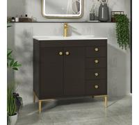 Royal Bathrooms Verona 800mm Walnut Woodgrain Floor Standing Vanity Unit 2 Door, 4 Drawer Cabinet With Ceramic Basin & Brushed Brass Knob