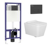 Royal Bathrooms Wall Hung Rimless Toilet Pan Dual Cistern, Soft Close Seat | Quick-release Soft Close Seat, Dual Concealed Cistern Frame, Gloss White - Black Flush Plate Square toilet