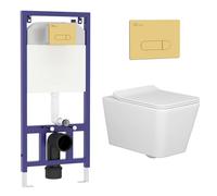 Royal Bathrooms Wall Hung Toilet Pan Dual Concealed Cistern Frame Soft Close Seat & Brushed Brass Flush Plate Square Rimless Toilet