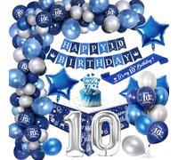 Royal Blue 10th Birthday Party Decorations Kit - Boy's Happy Birthday Banner, Cake Topper, Tablecloth, Foil Confetti, Large Number 10 Balloon, Chrome Blue Silver Balloons