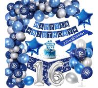 Royal Blue 16th Birthday Party Decorations Kit - Boy's Happy Birthday Banner, Cake Topper, Tablecloth, Foil Confetti, Large Number 16 Balloon, Chrome Blue Silver Balloons