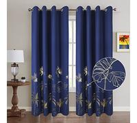 Royal Blue Blackout Curtains for Bedroom Gold Foil Printed Palm Bedroom Living Room Leaves Navy Blue Trees Luxury Tropical Eyelet 66×72 Thermal 100% Total Room Darkening Window Curtain 2 Panels