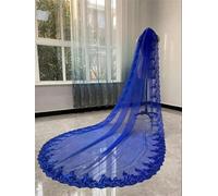 Royal Blue Bling Sequins Lace Long Cathedral Wedding Veil Colorful Bridal Veil with Comb-Blue-400cm
