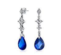 Royal Blue Briolette Faceted Teardrop Pear Shape Cubic Zirconia CZ Chandelier Earrings For Women Sterling Silver