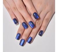Royal Blue Cat Eye Real Short Press on Nails Square, Petite Short Square Glue on Nails for Women Gift, Glossy Glitter Blue Fake Nail Reusable, Soft Gel Press on Acrylic False Nail with Designs