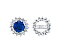 Royal Blue Cubic Zirconia Simulated Sapphire CZ Halo Round Solitaire Jacket And Stud Earrings .925 Sterling Silver
