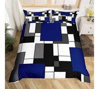 Royal Blue Geometric Duvet Cover Set Double Size, Black White Grey Square Bedding Set 3pcs for Kids Boys Girls Bedroom Decor, Modern Abstract Comforter Cover Checkered Quilt Cover with 2 Pillowcases