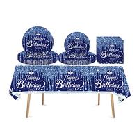 Royal Blue Glitter Birthday Tableware Set - Girls, Kids & Women - Disposable Party Tableware - 41 Pcs - Includes 7" & 9" Paper Plates, Napkins & Table Cloth