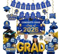 Royal blue Gold Balloons GRAD Print Balloons with Banner Table Honeycomb Centerpieces Hanging Swirl backdrop Stars Graduation Cap GRAD Letters Mylar Balloons for 2026 graduate Prom Decorations