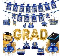 Royal blue Gold Balloons GRAD Print Balloons with Banner Table Honeycomb Centerpieces Hanging Swirl Graduation Cap trophy GRAD Letters Mylar Balloons for 2026 graduate Prom Decorations