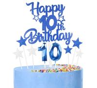 Royal Blue Happy 10th Birthday Candles Cake Topper Set,Blue Number 10 Birthday Candles with Blue 10th Birthday Cake Toppers Star Cupcake Toppers for Girls Boys Birthday Anniversary Decorations