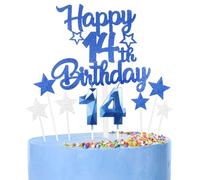 Royal Blue Happy 14th Birthday Candles Cake Topper Set,Blue Number 14 Birthday Candles with Blue 14th Birthday Cake Toppers Star Cupcake Toppers for Girls Boys Birthday Anniversary Decorations